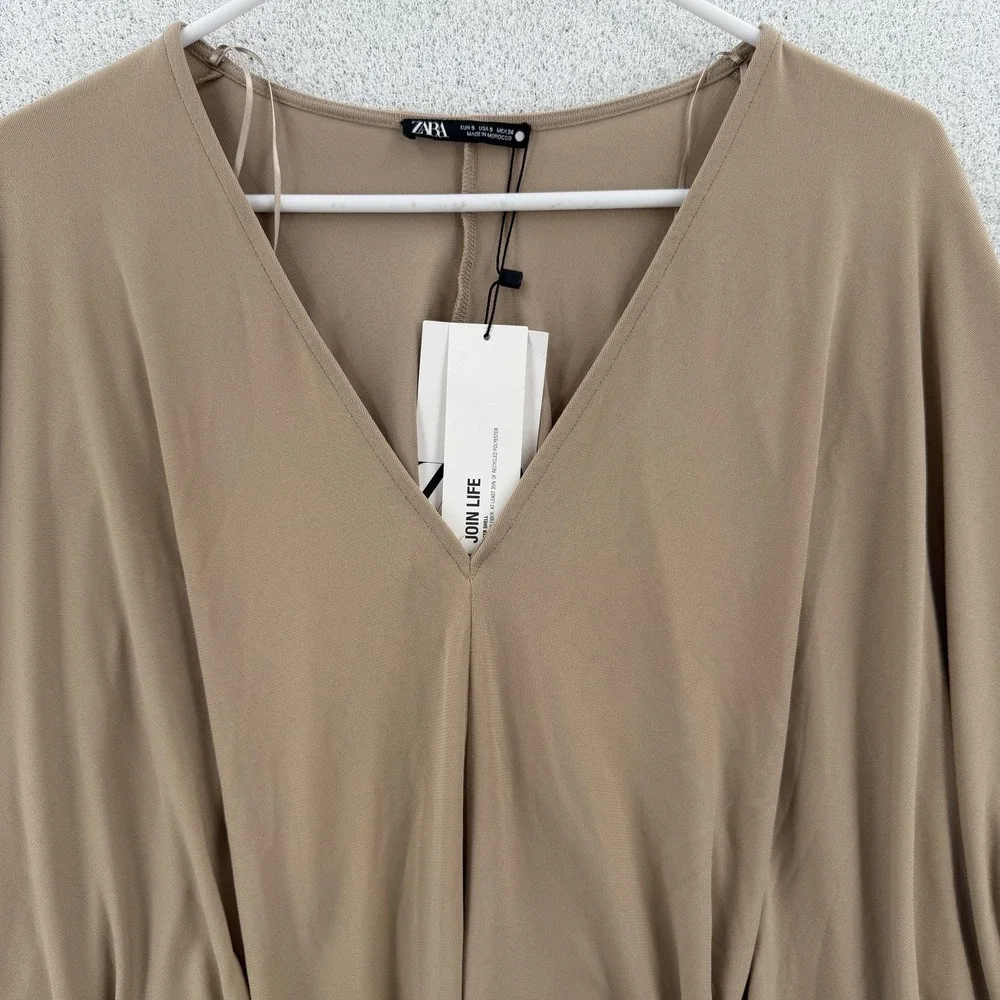 ZARA Dress Womens Small Beige V Neck Maxi Dolman‎ Stretch Join Life NWT - Picture 3 of 9